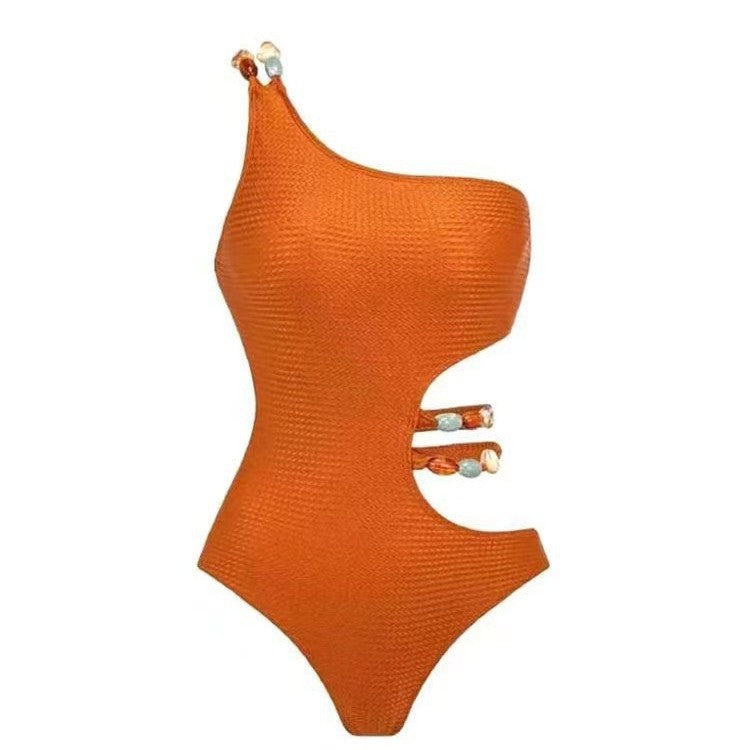Women’s one-piece swimsuit with asymmetric cut and floral wrap skirt Mune Fashion