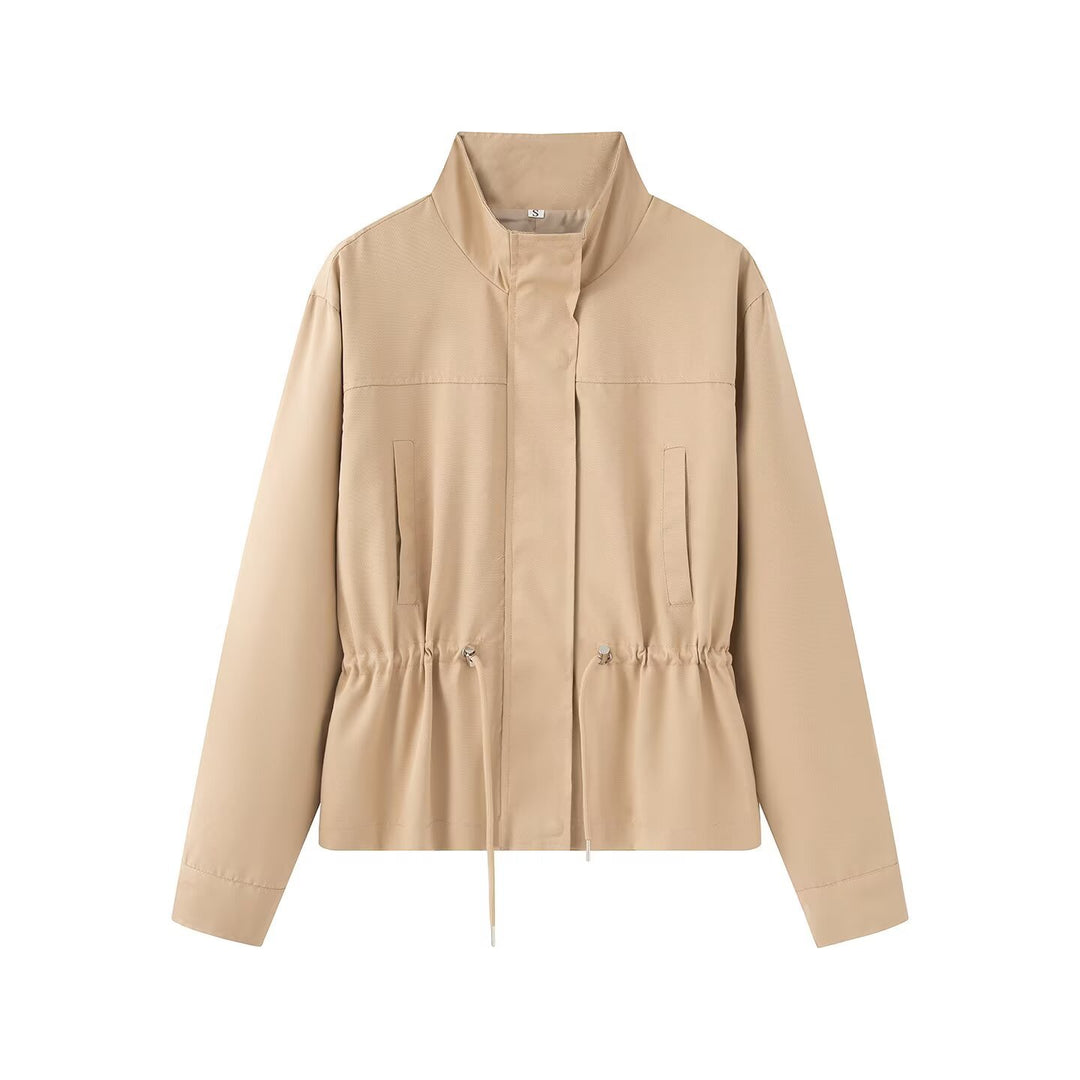 Women Lightweight Transition Jacket with Drawstring Waist and Stand-Up Collar Mune Fashion