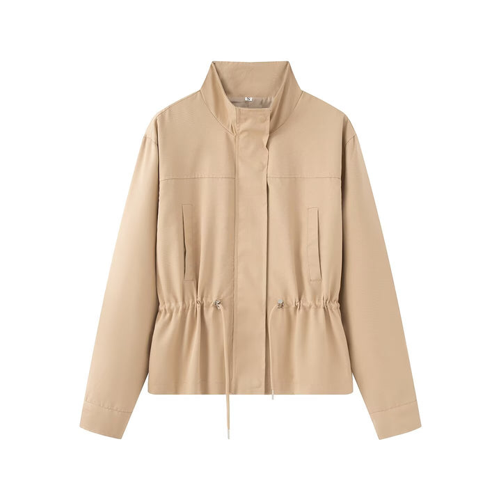 Women Lightweight Transition Jacket with Drawstring Waist and Stand-Up Collar Mune Fashion