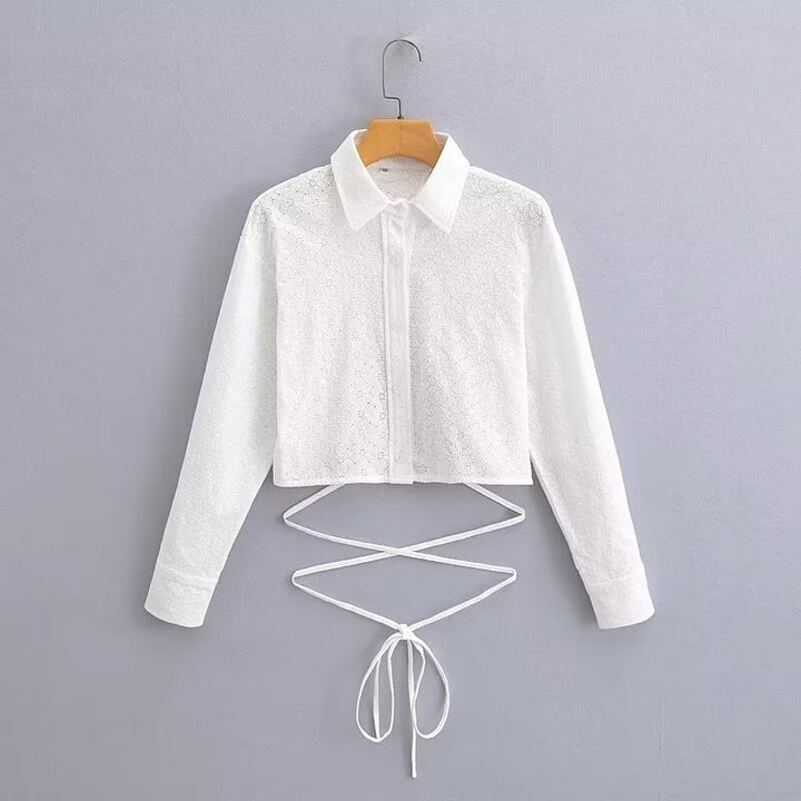 Women's Short-Cut Eyelet Embroidery Blouse with Shirt Collar and Long Ties Mune Fashion