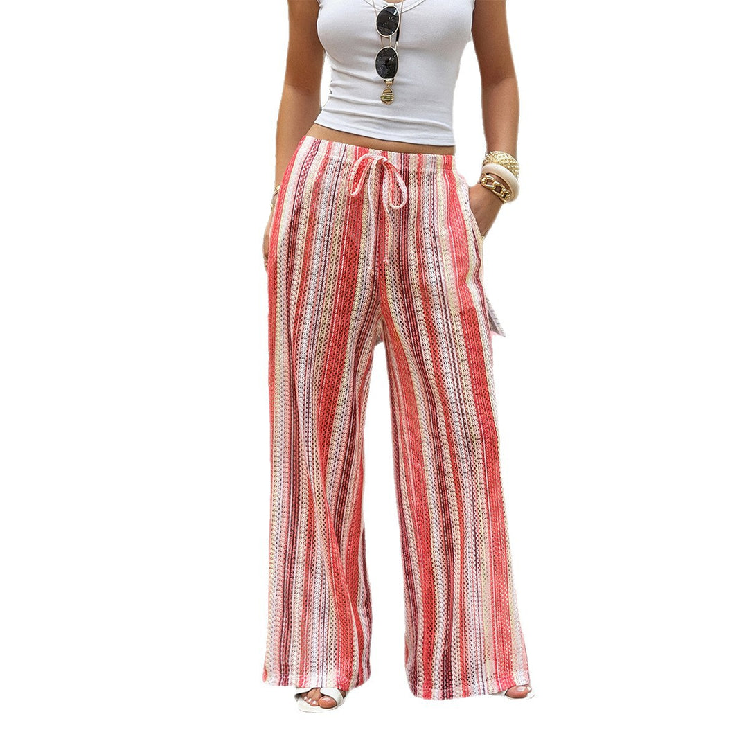 Women crochet casual beach pants with wide leg, drawstring waistband and fine stripe pattern Mune Fashion