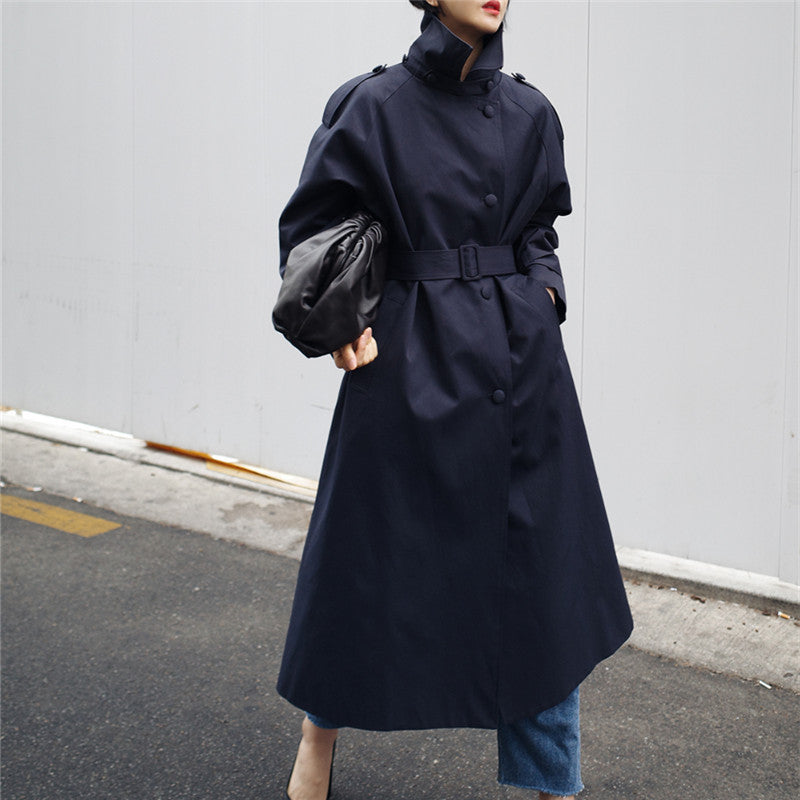 Women's Long Cut Trench Coat with Waist Belt and Stand-Up Collar Mune Fashion