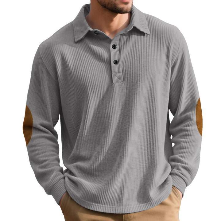 Men's ribbed casual polo with kent collar, short button placket and velour elbow patches Mune Fashion