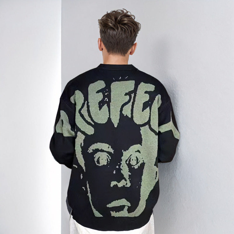 Men's Oversized Graphic Intarsia Sweater with Deep Back Design and Round Neck Mune Fashion
