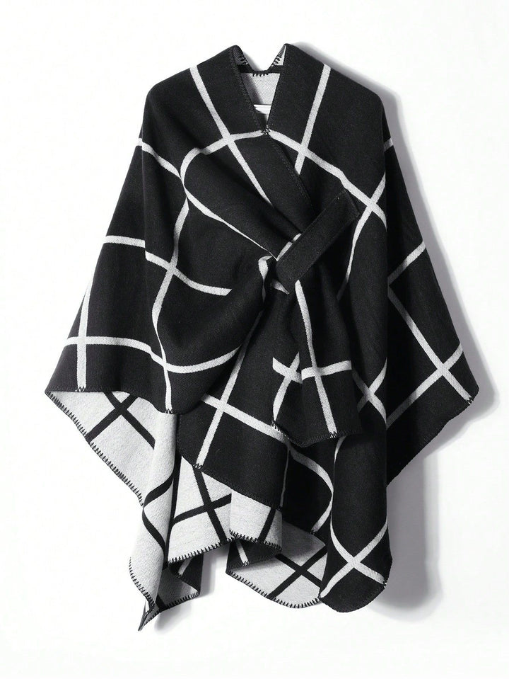 Women's Reversible Oversize Cloak with Large Check Pattern and Open Front Mune Fashion