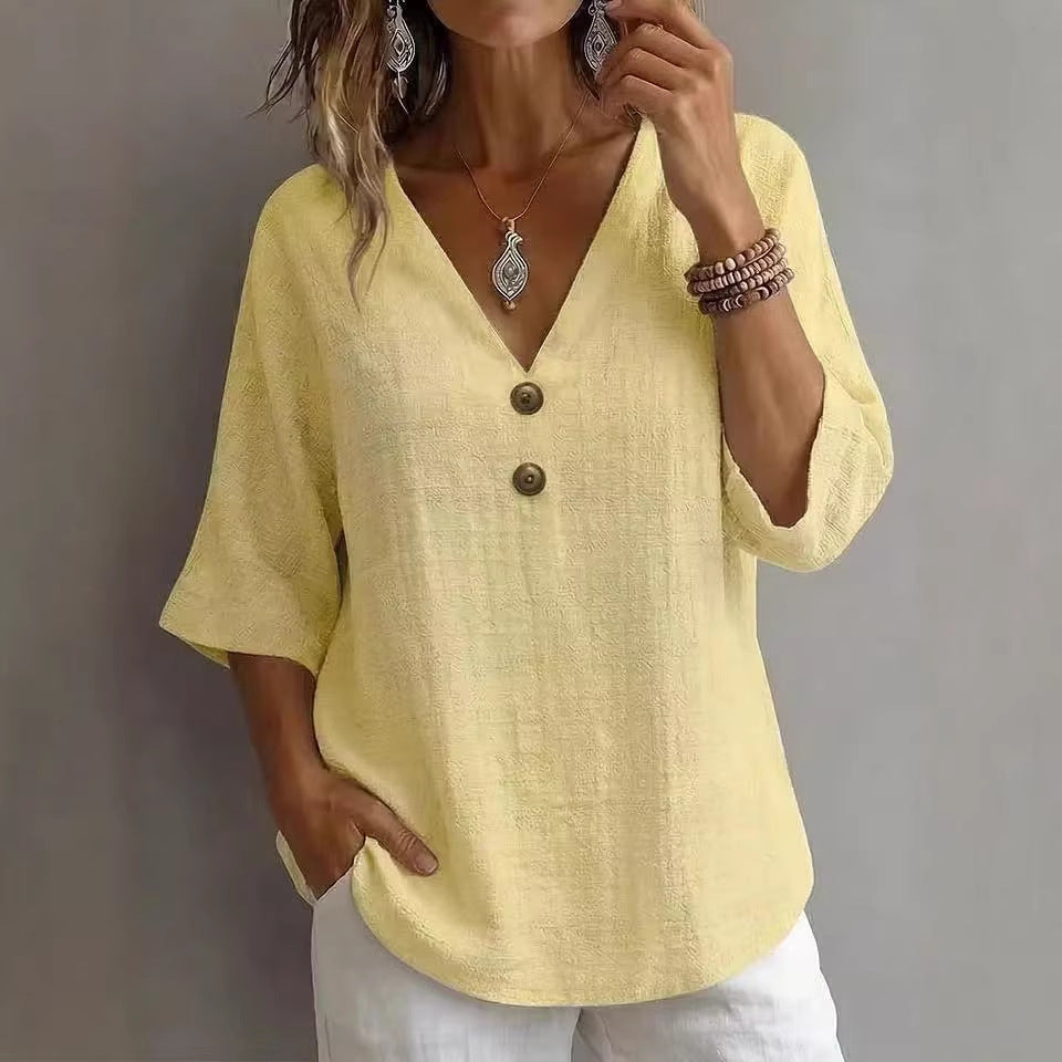 Women's Casual V-Neck Top with Button Details Mune Fashion
