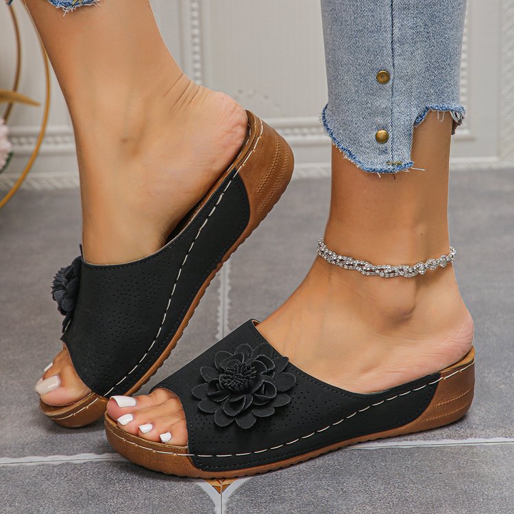 Ladies Padded Wedge Slip-Ons with 3D Flower Application and Ergonomic Comfort Footbed Mune Fashion