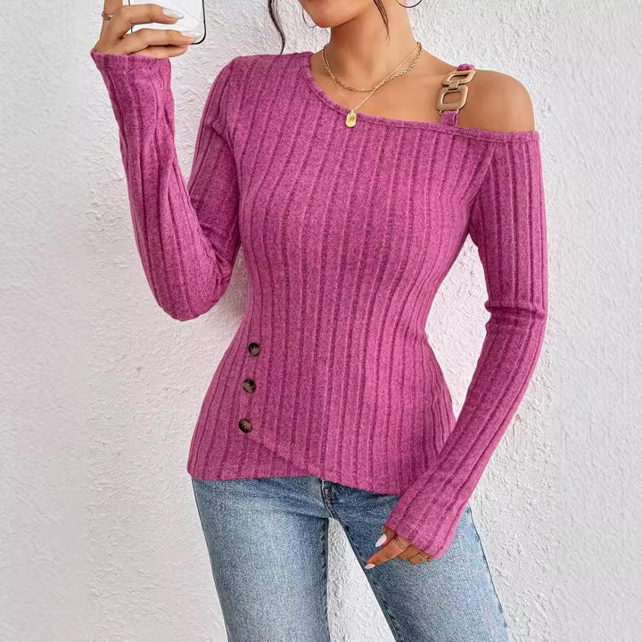 Women's body-hugging ribbed knit top with asymmetric one-shoulder neckline, decorative rectangular strap, and side button placket Mune Fashion