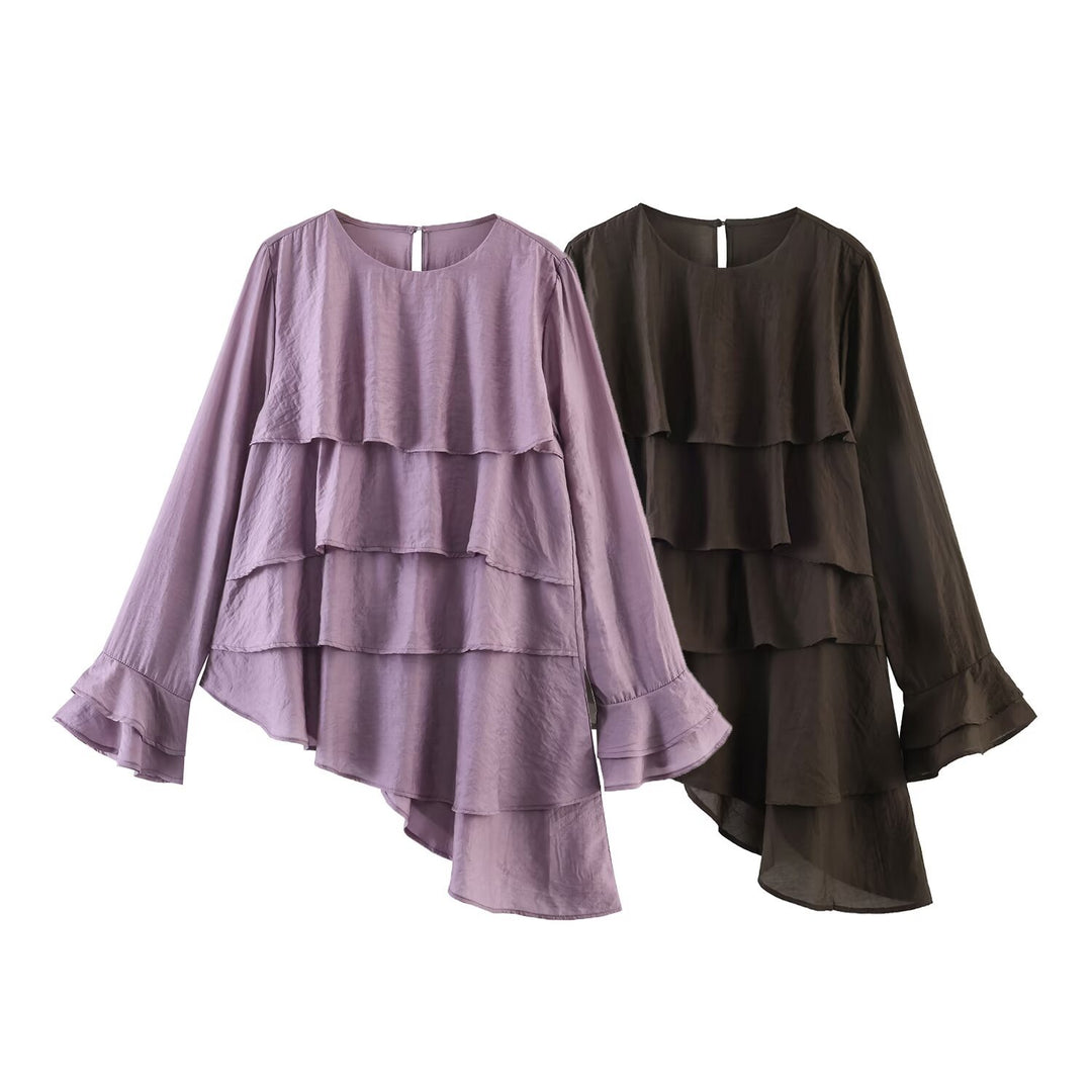 Women Layered Ruffle Blouse with Bell Sleeves and Asymmetrical Hem Mune Fashion