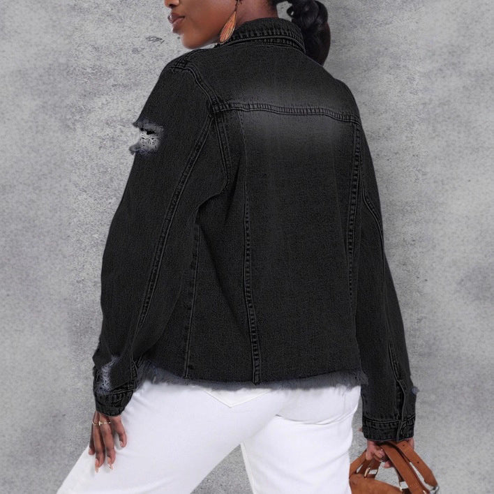 Women's Distressed Denim Jacket with Frayed Hem and Relaxed Fit Mune Fashion