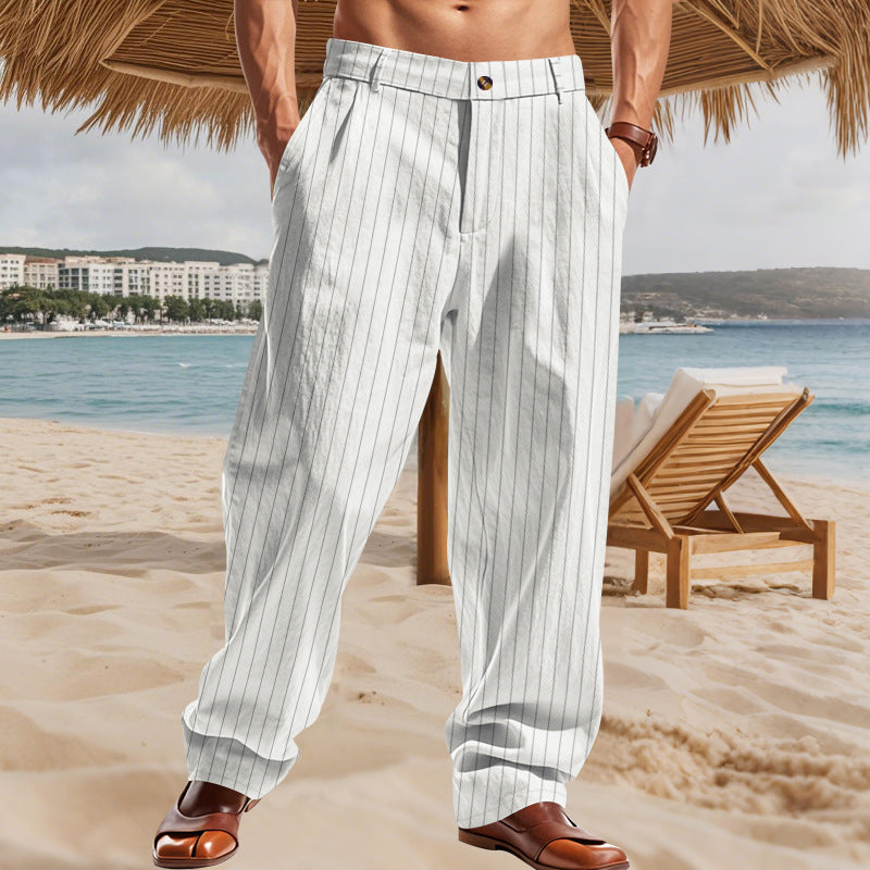 Men's wide pinstripe summer pants with pleats, casual taper, and elastic ankle closure Mune Fashion