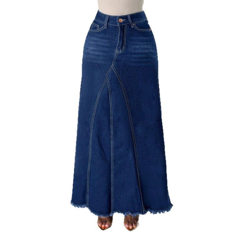 Women’s high-waisted A-line denim maxi skirt with decorative seams and raw fringe hem Mune Fashion