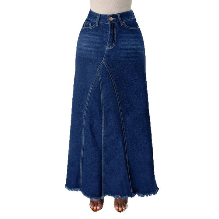Women’s high-waisted A-line denim maxi skirt with decorative seams and raw fringe hem Mune Fashion