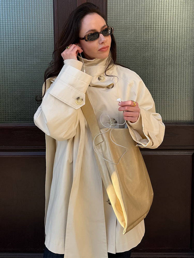 Ladies Short Oversize Trench Coat with High Stand-Up Collar, Concealed Button Placket & Wide Cuffs Mune Fashion