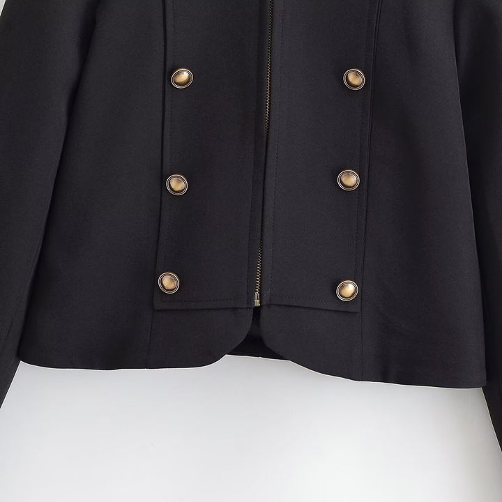 Women's short blazer in military look with stand-up collar, decorative button row and zipper Mune Fashion