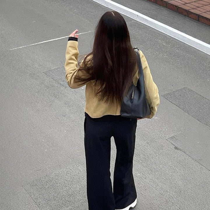 Women's Short Suede Jacket with Rounded Collar and Boxy Cropped Cut Mune Fashion