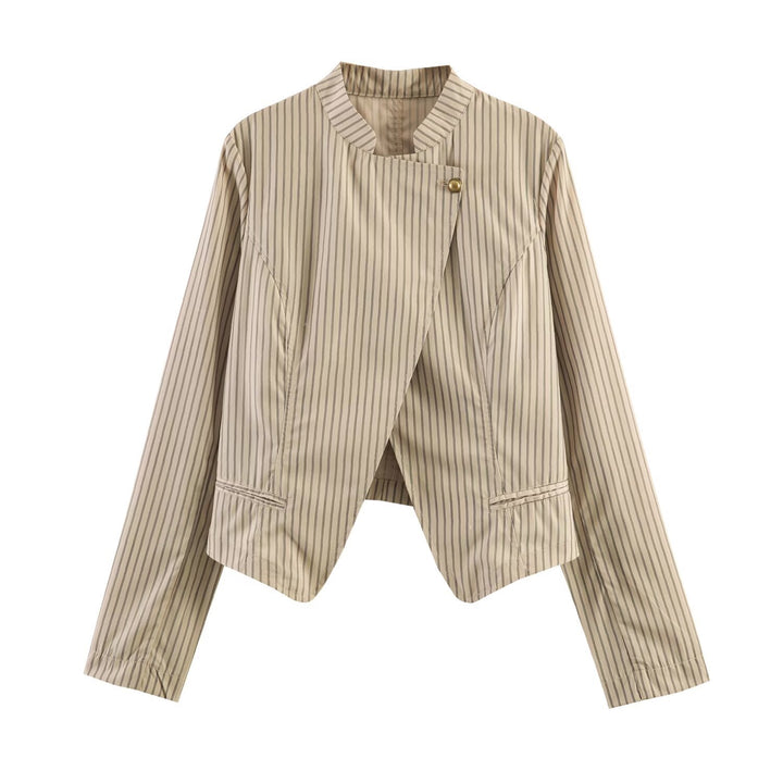 Women's Asymmetrical Tailored Blazer Jacket with Stand Collar and Decorative Button Mune Fashion