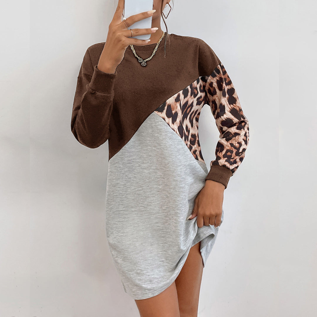 Ladies Oversized Sweat Dress with Color Block Design and Leopard Sleeves Mune Fashion