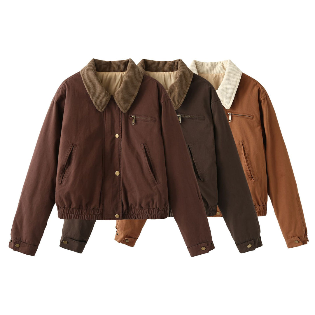 Women's cropped bomber jacket with corduroy collar, chest zipper, and elastic drawstring hem Mune Fashion