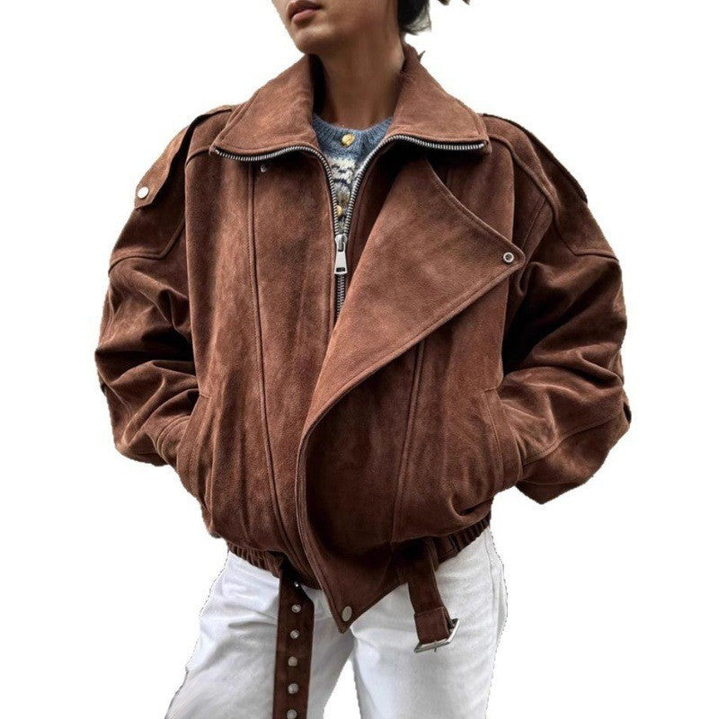 Women's Oversized Suede Blouson with Asymmetrical Zipper and Waistbelt Mune Fashion