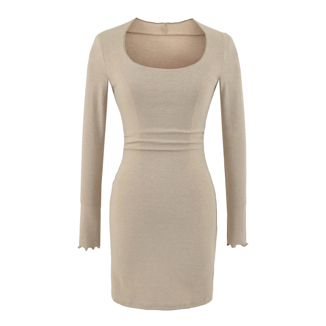 Women's Fitted Midi Dress with Square Neckline and Waist Ruching