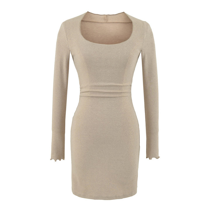 Women's Fitted Midi Dress with Square Neckline and Waist Ruching