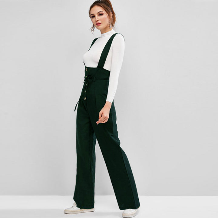 Women's High-Waist Overall Jumpsuit with Button Placket and Wide Straps Mune Fashion