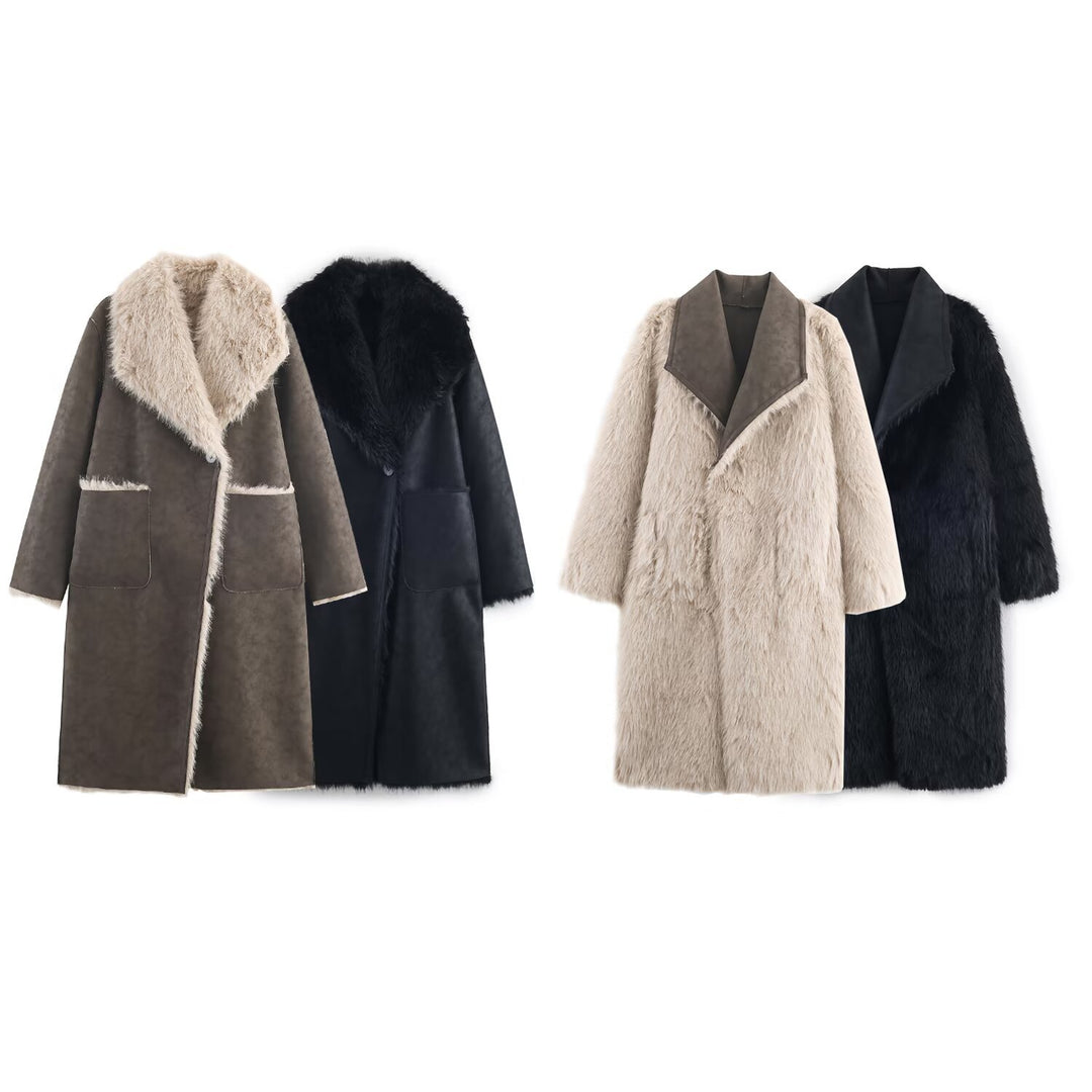 Women Longer Reversible Faux Fur Coat with Oversized Shawl Collar and Patch Pockets Mune Fashion