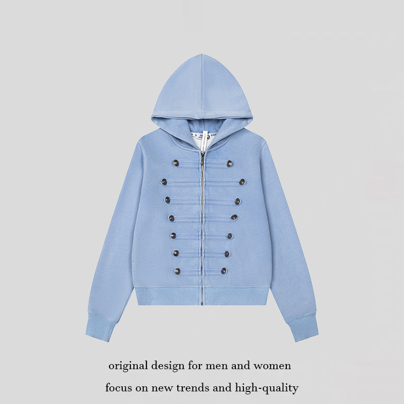 Women’s Hooded Sweat Jacket with Military Button Decoration and Full-Length Zipper Mune Fashion