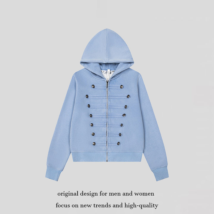 Women’s Hooded Sweat Jacket with Military Button Decoration and Full-Length Zipper Mune Fashion