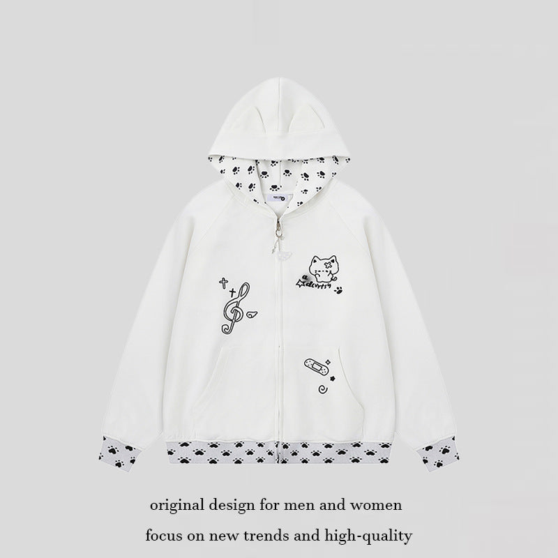 Women's hoodie with zipper in casual kawaii style, contrast hood, comic prints and ribbed cuffs Mune Fashion