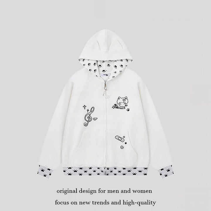 Women's hoodie with zipper in casual kawaii style, contrast hood, comic prints and ribbed cuffs Mune Fashion