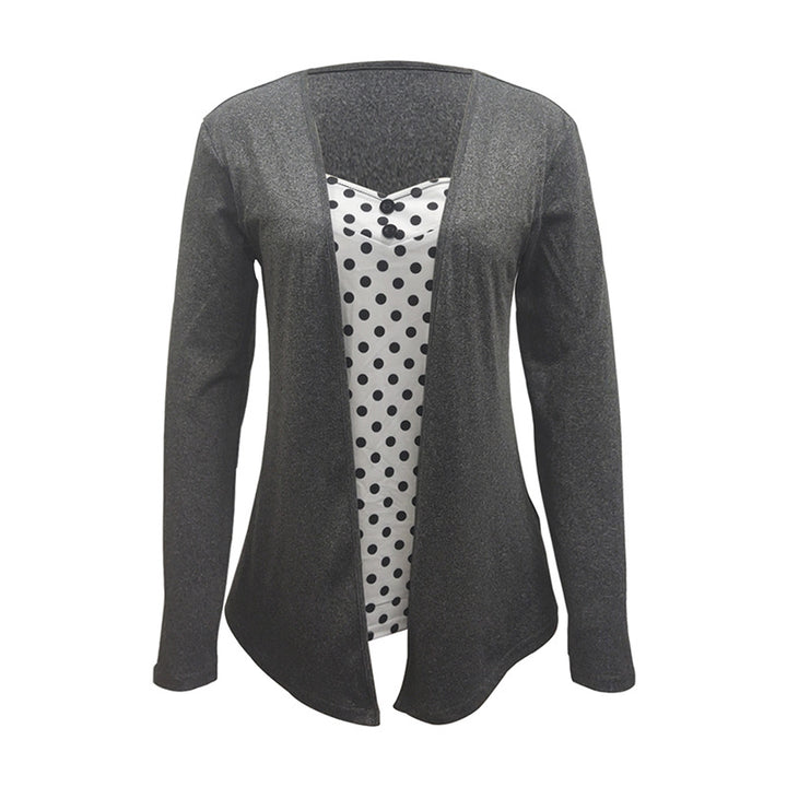 Ladies Open Long Cardigan with integrated polka dot insert and figure-flattering inner blouse Mune Fashion