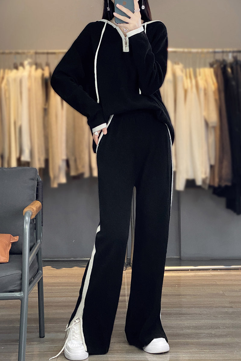 Women's Knit Relax Set with Hood, Wide Leg and Side Contrast Stripe Mune Fashion