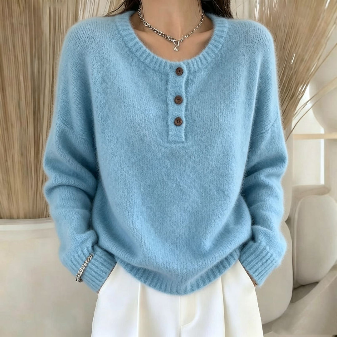 Women's Cozy Round Neck Henley Sweater with Button Placket and Raglan Sleeves Mune Fashion