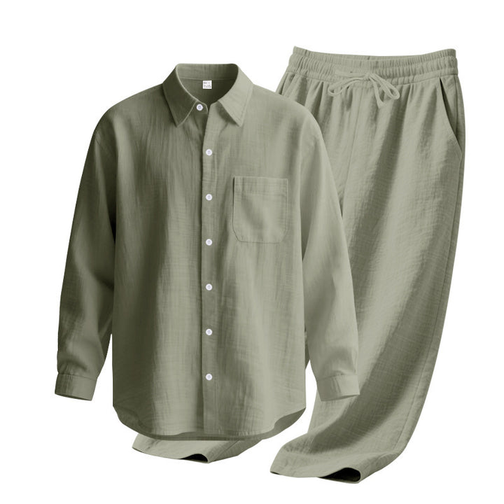 Men's light house suit made of cotton gauze with kent collar shirt, breast pocket and drawstring pants Mune Fashion