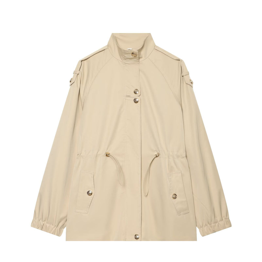 Women's lightweight parka with stand-up collar, drawstring waist, and shoulder patches Mune Fashion