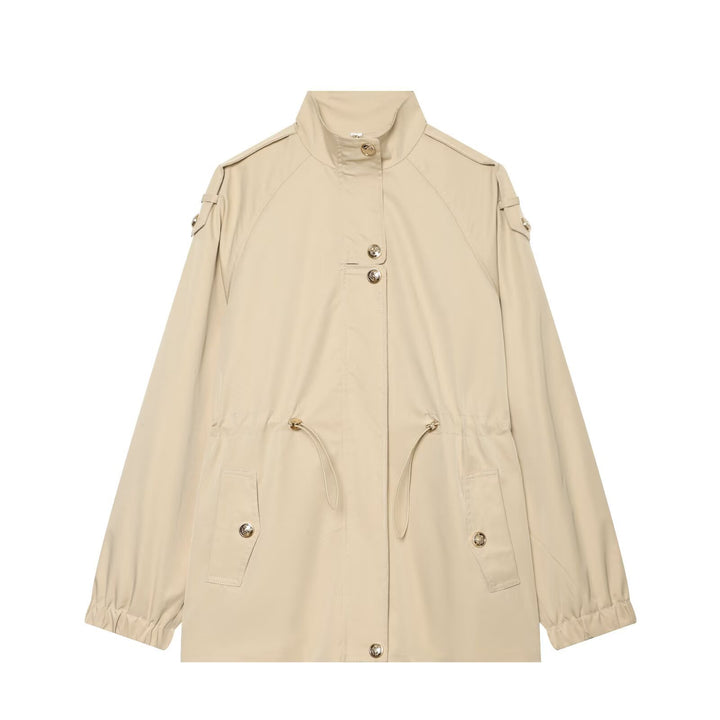 Women's lightweight parka with stand-up collar, drawstring waist, and shoulder patches Mune Fashion