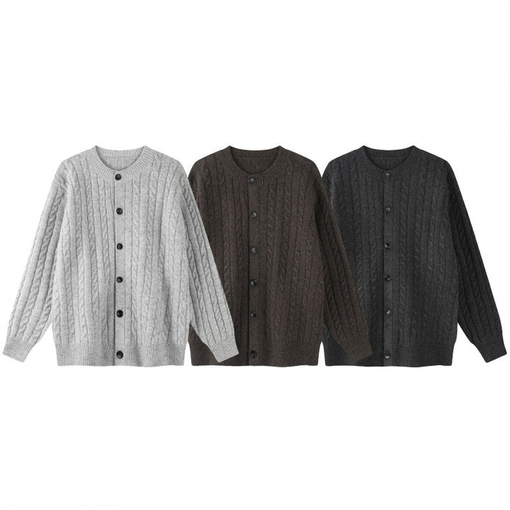 Women's Chunky Knit Cable Knit Cardigan with Button Placket and Round Neck Mune Fashion