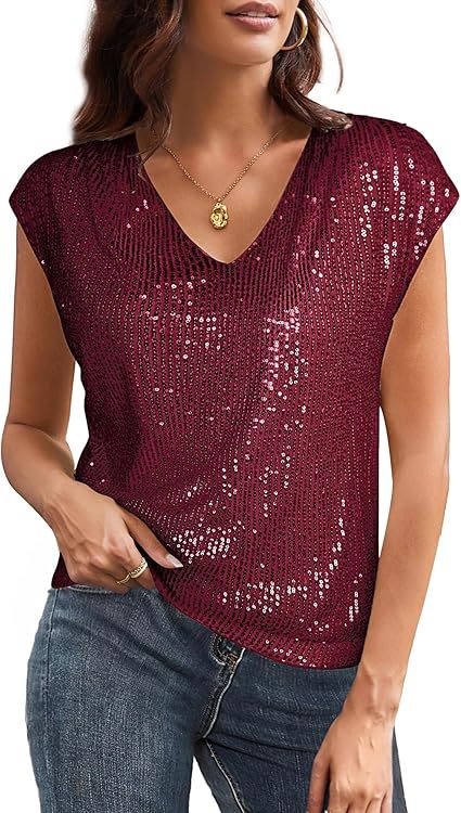 Women’s Sleeveless Sequin Top with V-Neck and Ruffled Hem Mune Fashion