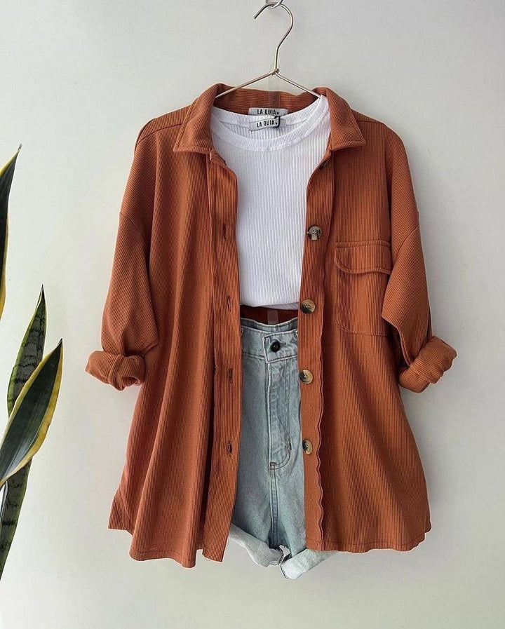 Women's Oversized Cord Shirt Jacket made of Wide Corduroy with Chest Pocket and Wooden Buttons Mune Fashion