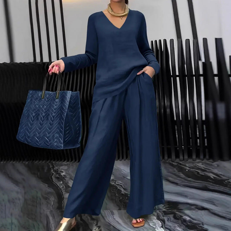 Women's Fine V-Neck Knit Sweater with Flowing Palazzo Pants Mune Fashion