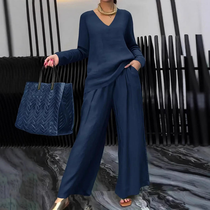 Women's Fine V-Neck Knit Sweater with Flowing Palazzo Pants Mune Fashion