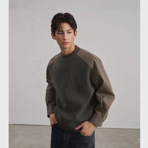 Men's round neck sweater with poplin sleeves and raglan shoulder Mune Fashion