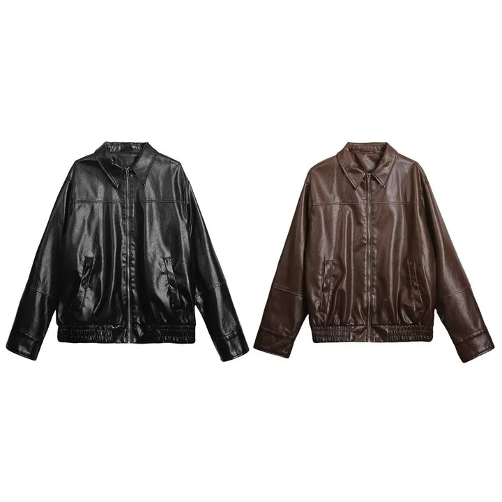 Women's Oversized Faux Leather Bomber Jacket with Shirt Collar, Full Zip and Elastic Hem Mune Fashion
