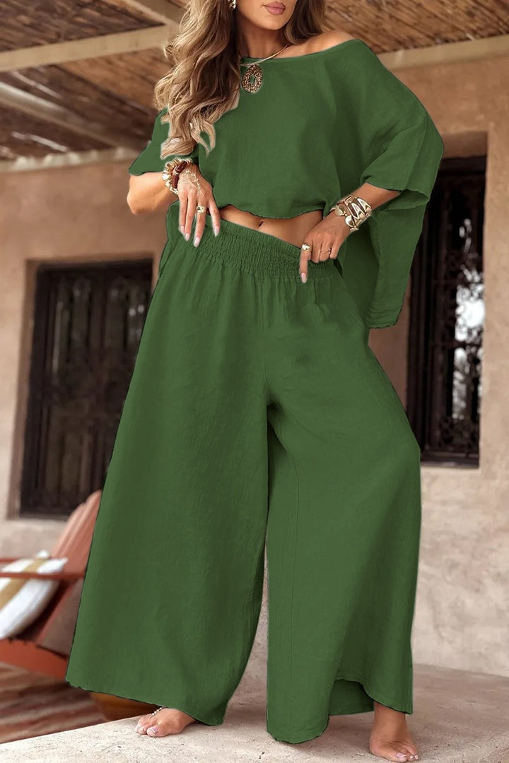 Women's Lightweight Linen Two-Piece with Cropped Oversized Top and Smocked Waist Palazzo Pants Mune Fashion