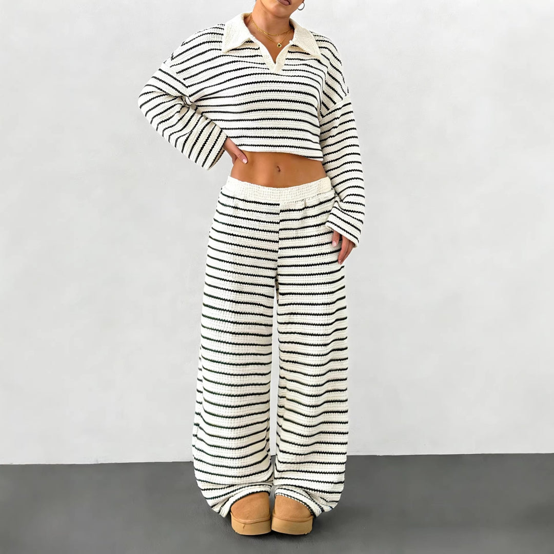 Women's Striped Knit Sweater with Polo Collar and Oversized Sleeves Mune Fashion