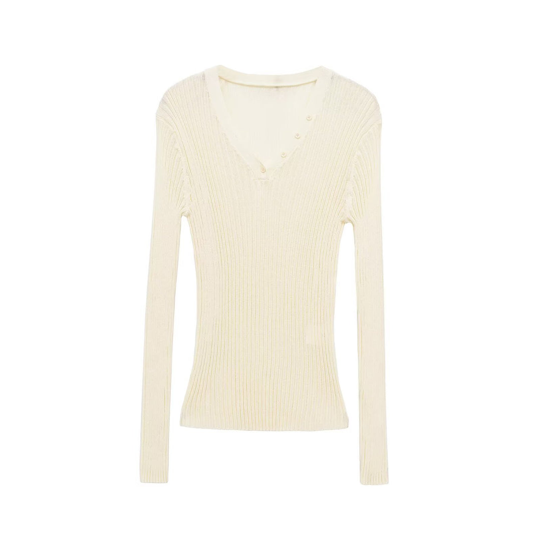 Women Form-fitting Ribbed Long Sleeve with V-neck and Decorative Button Placket Mune Fashion