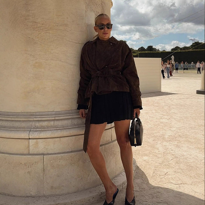 Ladies Fashionable Suede Jacket with Waist Belt and Voluminous Sleeves Mune