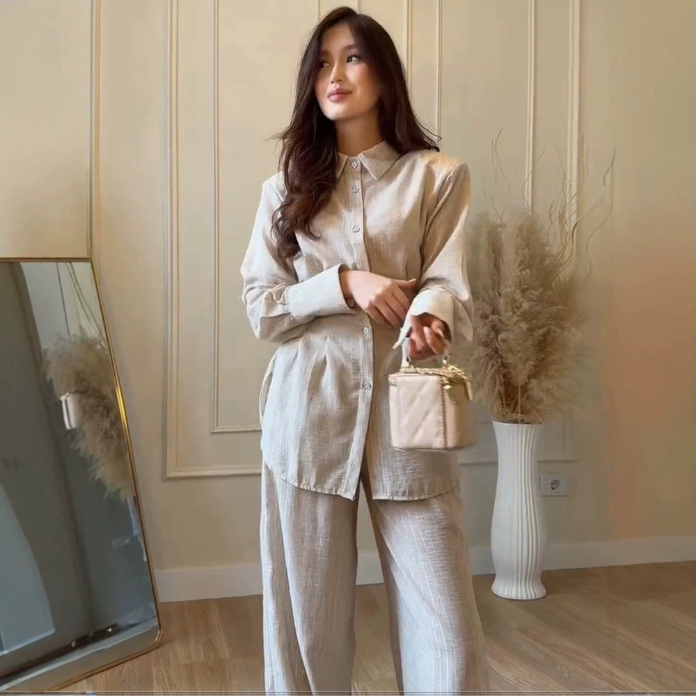 Women's Lightweight Linen Loungewear Set with Oversized Shirt and Wide Leg Pants Mune Fashion